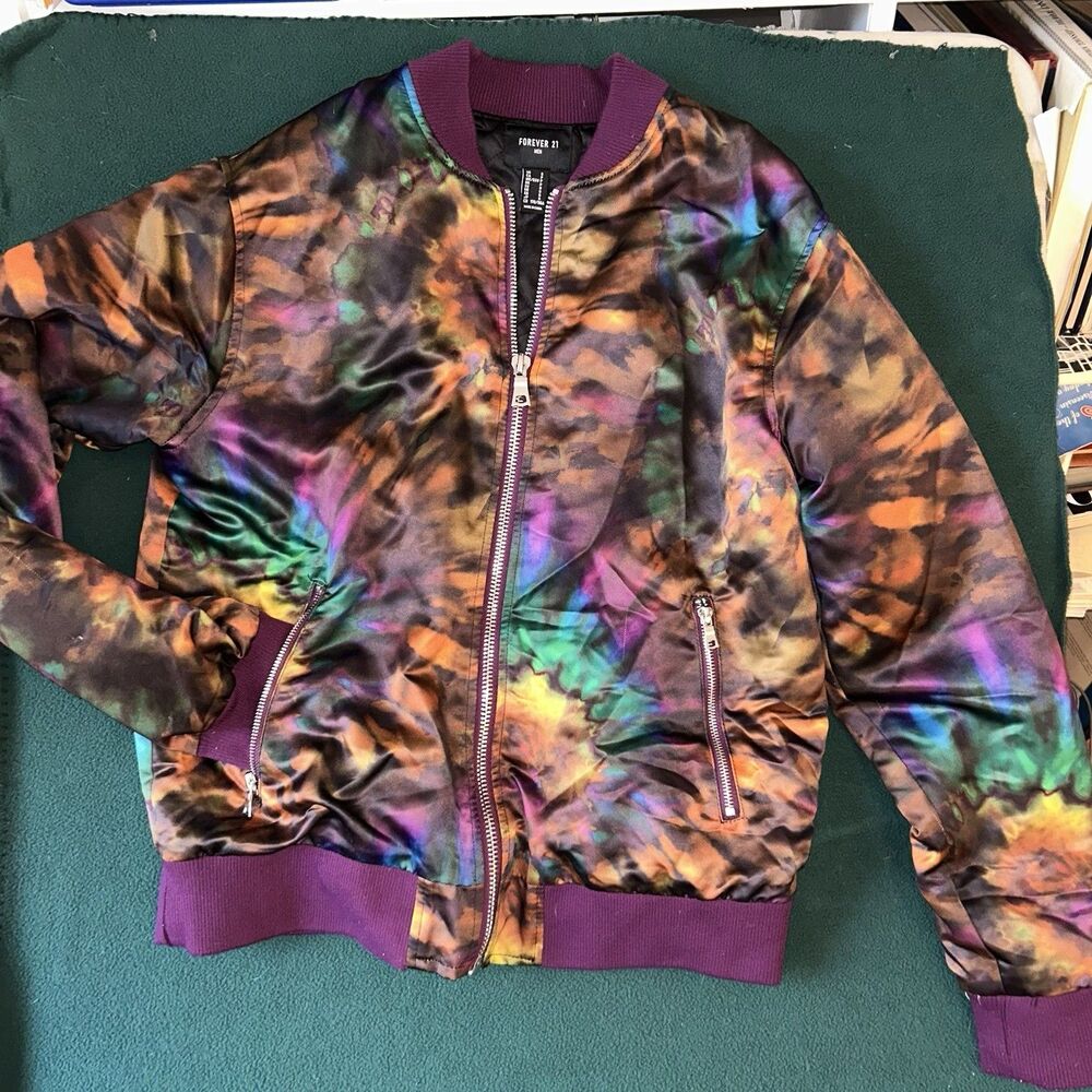Forever 21 Mens Multicolor Satin Tie-Dye Bomber Jacket Size Medium